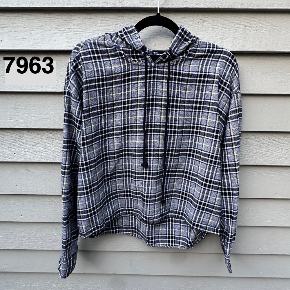 Hot Topic Mens Medium Black Yellow Plaid Cropped Flannel Hoodie High Low Top